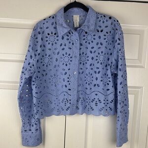 Joie Blue Eyelet Cropped Blouse Button Front Cotton Lace Scalloped Hem Boho Sz M